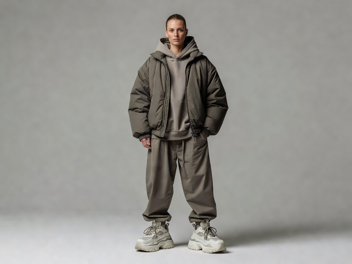 Contemporary streetwear outfit with chunky sneakers and oversized outerwear styled on a plain backdrop