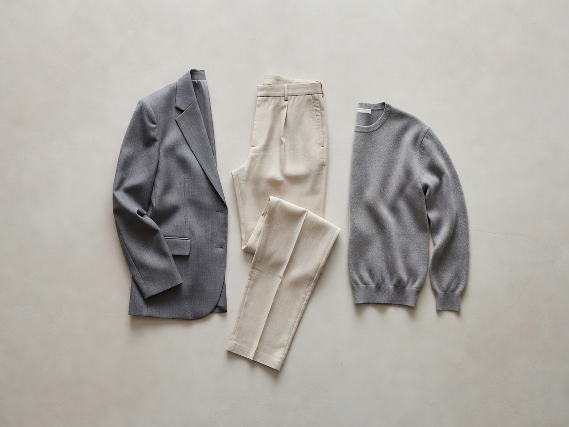 Editorial flat lay of grey and beige minimalist garments on a light surface