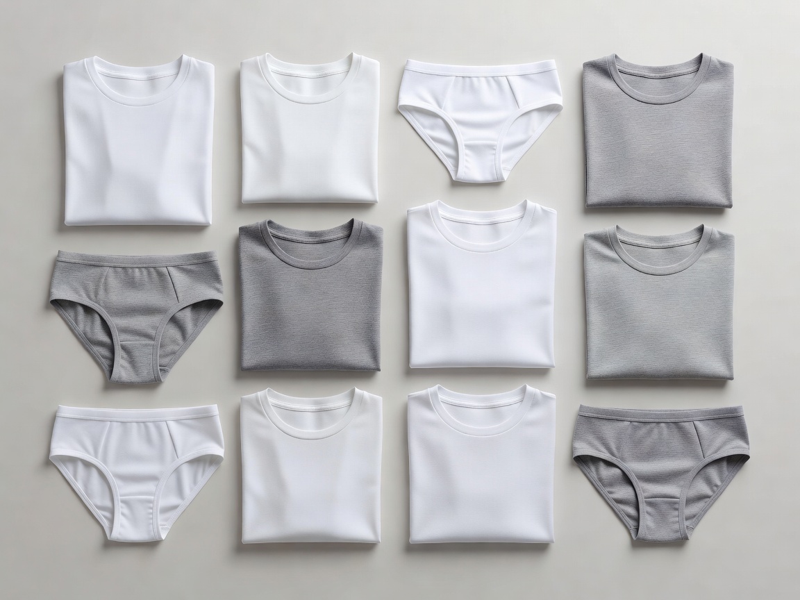 Flat lay of folded white and grey basics including t-shirts and underwear on a neutral background