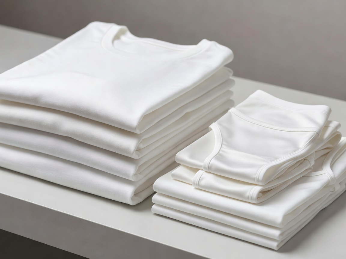 Folded plain white t-shirts and undergarments in premium cotton and lyocell fabric