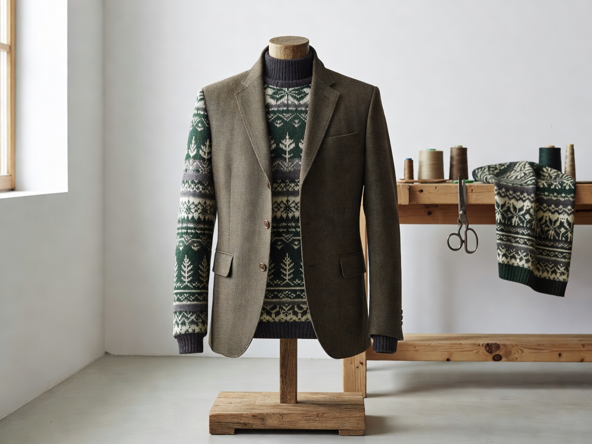 Heritage jacquard knit sweater and tailored jacket representing Swedish outdoor and designer craftsmanship