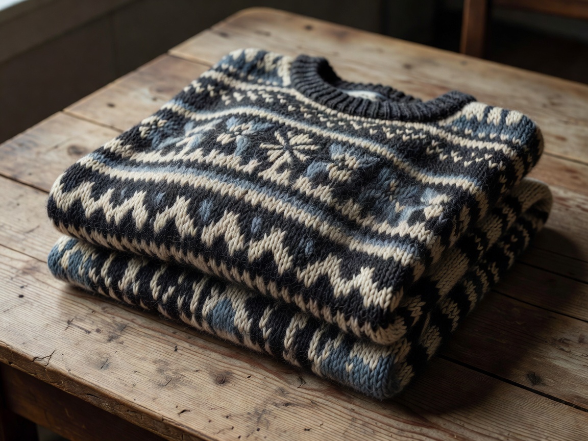 Jacquard-patterned wool knit sweater folded on a wooden table representing heritage Swedish knitwear