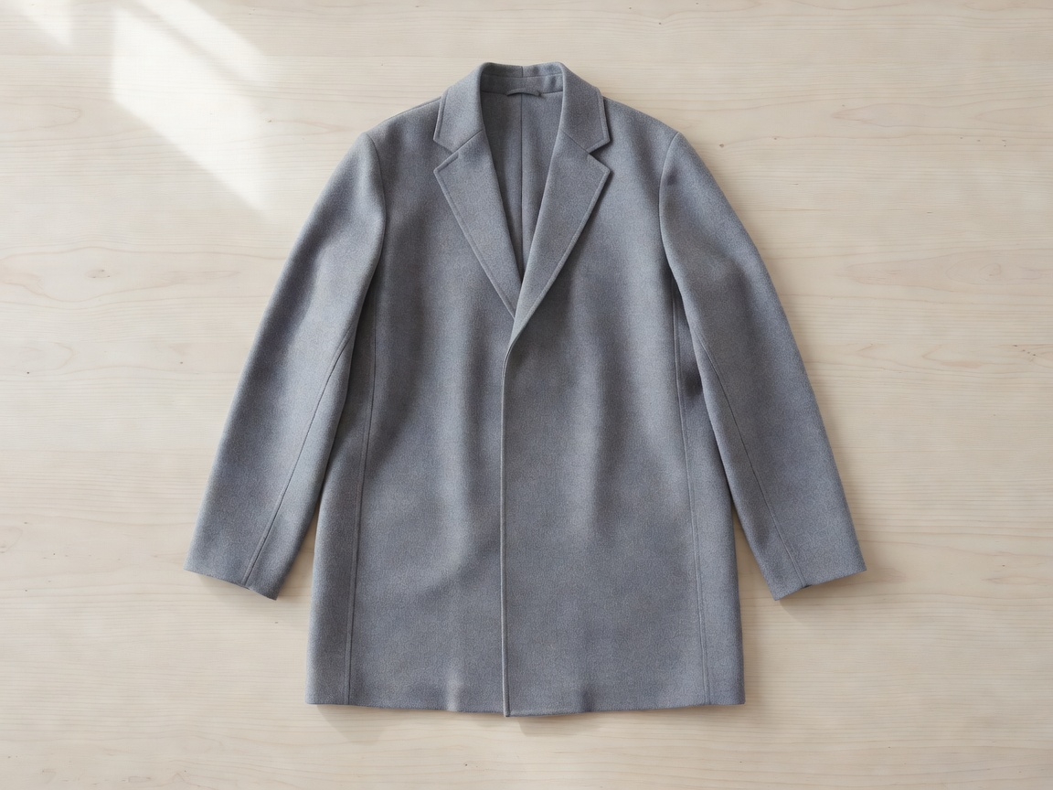Muted grey wool coat laid flat, representing Scandinavian minimalist tailoring