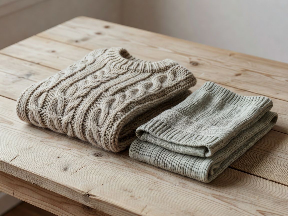 Natural fibre knitwear folded on a wooden surface, representing sustainable Swedish production