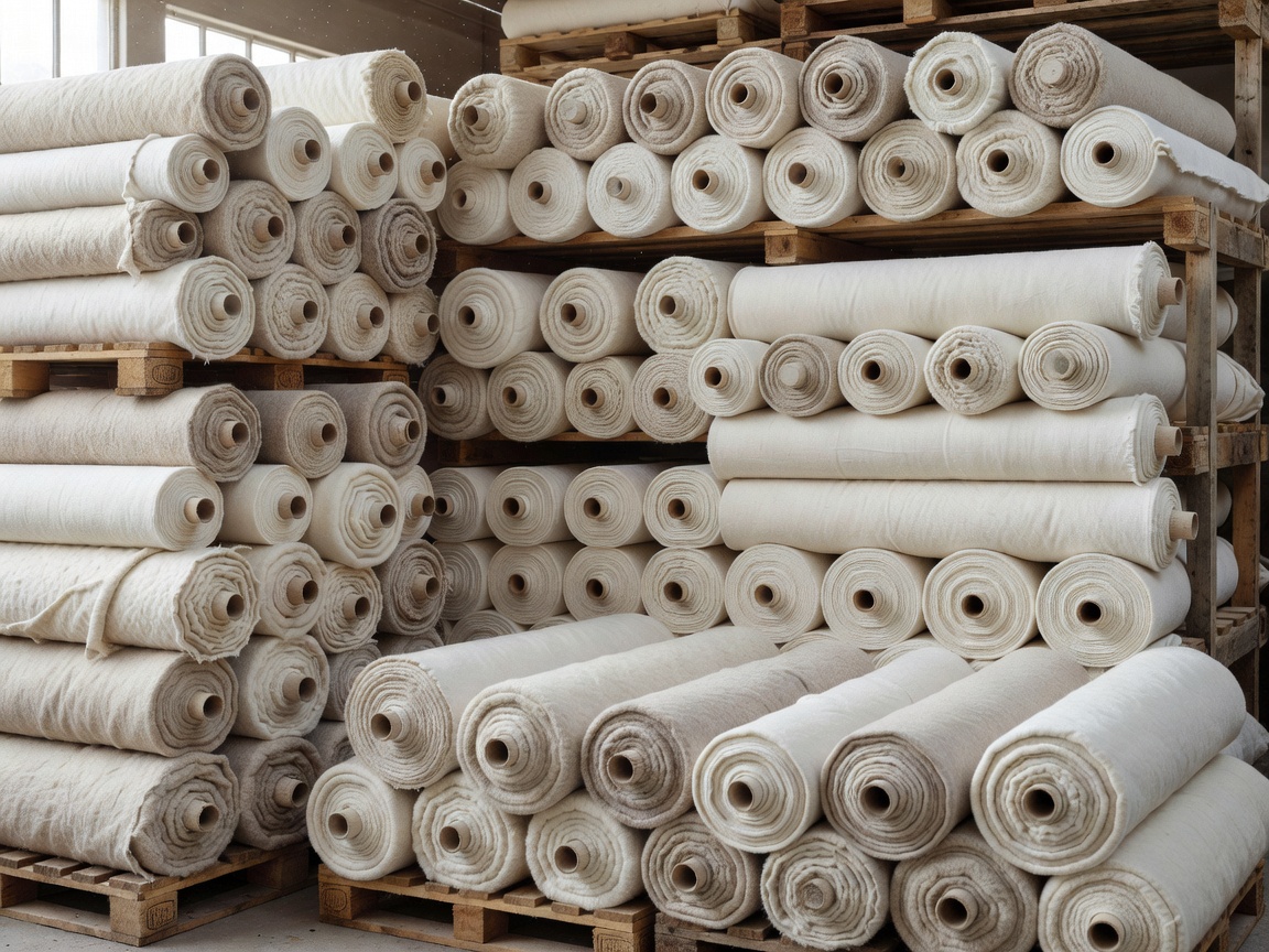 Natural undyed wool and cotton fabric rolls representing sustainable textile sourcing