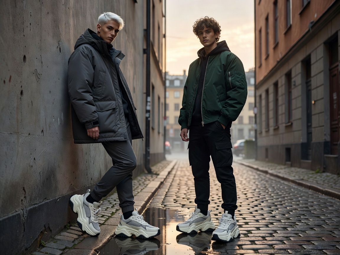 Unisex chunky sneakers and outerwear representing Stockholm streetwear design